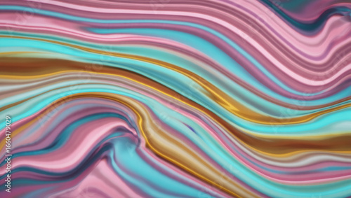 Vibrant abstract waves in pink, blue, gold, and purple tones, flowing like liquid silk in a smooth dynamic composition