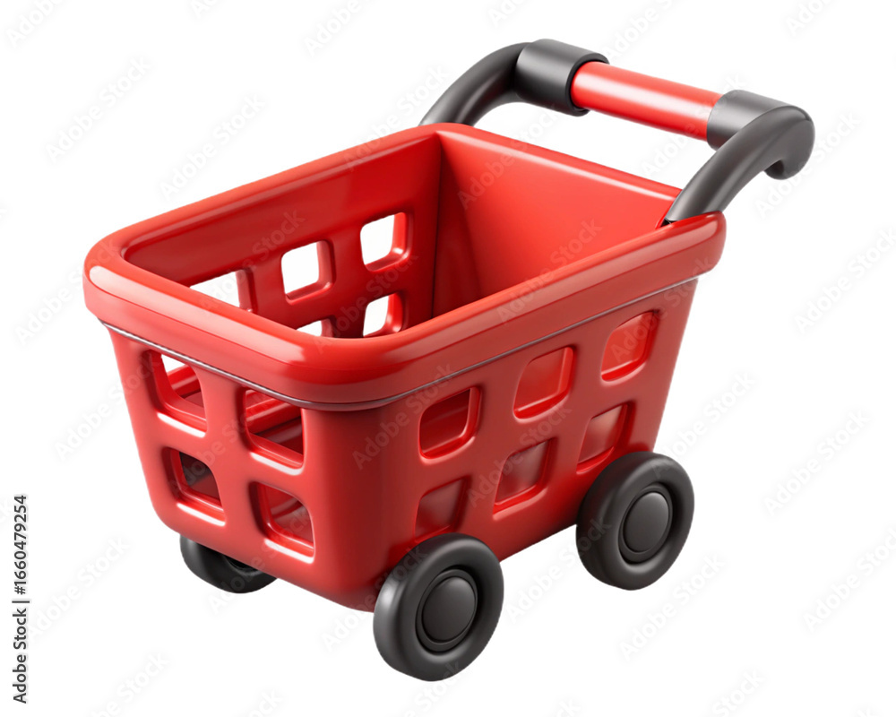 Fototapeta premium Red plastic toy shopping cart, isolated on transparent background