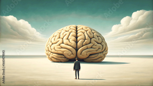The Human Mind and Intellectual Exploration Man Contemplating a Giant Brain in Surreal Landscape Symbolic of Thought and Cognition