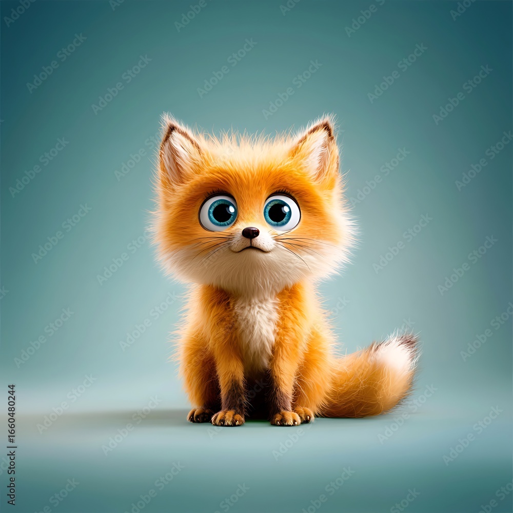 Obraz premium Cute and Fluffy Cartoon Fox Character with Big Blue Eyes on a Soft Background for Creative Projects and Illustrations