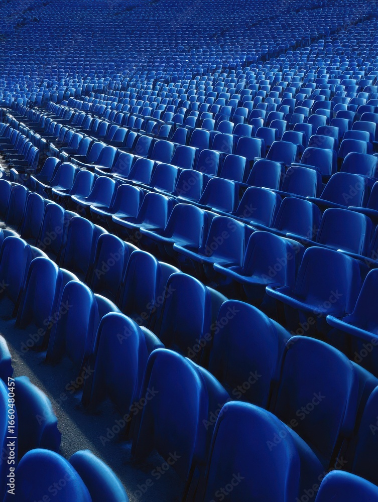 Naklejka premium vast rows of blue stadium chairs stretch into the distance creating a striking visual pattern