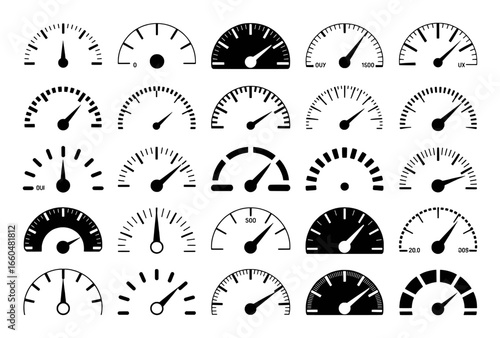 Collection of various speedometers and gauges on a white background