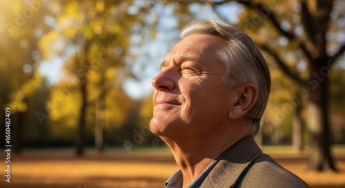 A contented senior man with his eyes closed, basking in the warm, golden sunlight of an autumn park, with blurred trees and fallen leaves in the background.