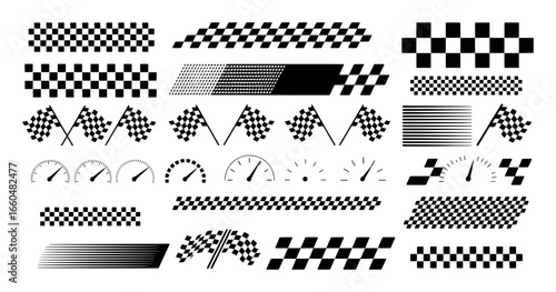 Racing Icons: Checkered Flags, Speedometers, and Racing Stripes