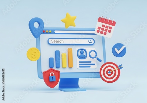 Digital marketing analytics dashboard with cartoon style elements and business goals achieved on a blue background demonstrating growth and success