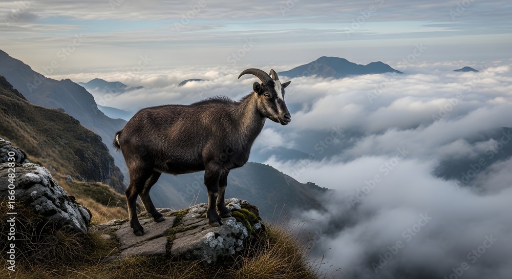 Obraz premium Mountain goat standing on rocky peak overlooking clouds