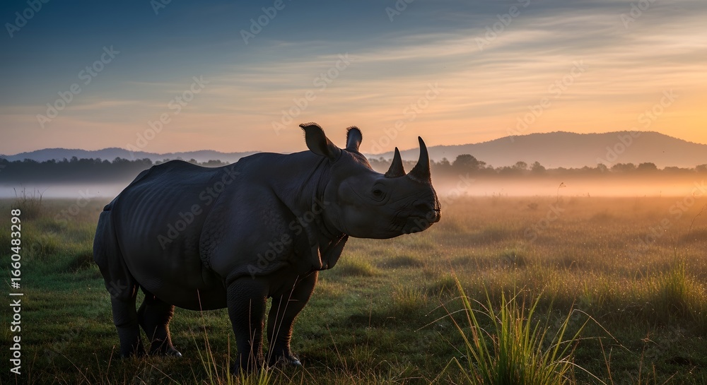 Fototapeta premium Rhino standing in grassy field at sunrise