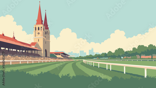 Louisville/Jefferson County, Kentucky – Churchill Downs twin spires and racetrack curve, palette: turf green, silks red, clay brown, ivory