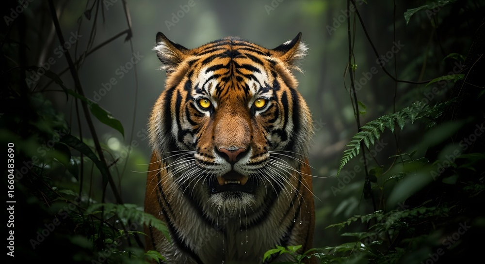 Fototapeta premium Tiger portrait in dense jungle foliage