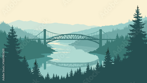 Portland, Oregon – St. Johns Bridge and Willamette mist with evergreen foreground, palette: bridge green, river teal, fir, fog gray