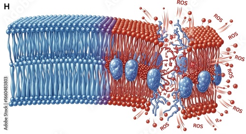 Scientific illustration of oxidative stress damaging a cell membrane through reactive oxygen species.