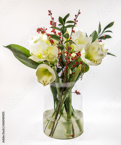 White Amaryllis and red holly berry bouquet in a clear glass vase on a white background.
