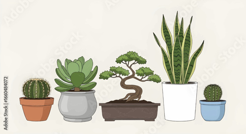 Collection of indoor houseplants in pots vector illustrations featuring modern decorative greenery for home decor and interior lifestyle design.