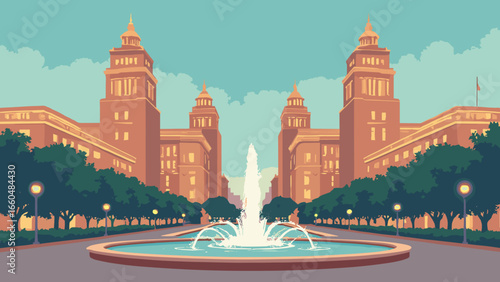 Kansas City, Missouri – Country Club Plaza towers and tiled facades at dusk, palette: tile terracotta, lamp gold, fountain white, evening teal