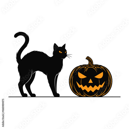 Cute vector illustration of a black cat with a pumpkin surrounded by bats and a jack-o'-lantern for Halloween