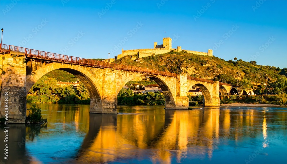 Fototapeta premium Ancient bridge over calm river, castle on hill