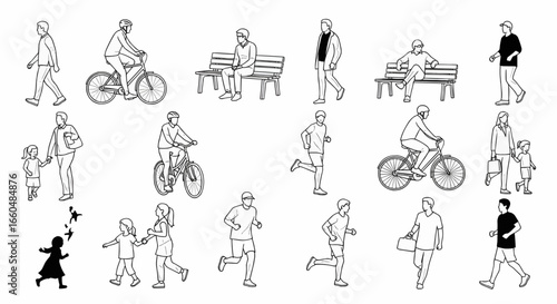 Vector silhouettes of people riding bicycles, jogging, walking, and enjoying outdoor leisure activities in urban and park environments.