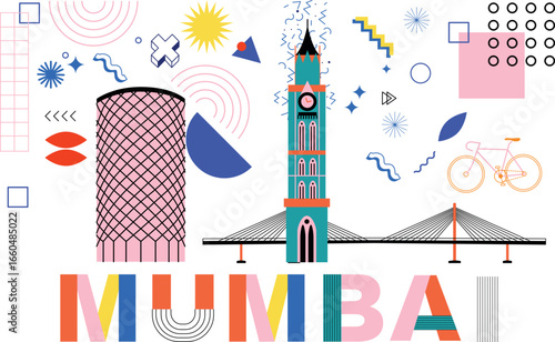 Mumbai culture travel set, famous architectures and specialties in flat design. Business travel and tourism concept clipart. Image for presentation, banner, website, advert, flyer, roadmap, icons