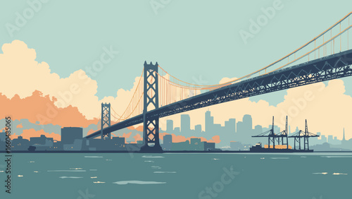 Oakland, California – Bay Bridge span with downtown and port cranes in low light, palette: industrial gray, bay teal, crate orange, fog white