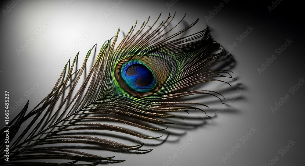 Fototapeta premium Stunning close-up of a vibrant peacock feather, casting a dramatic shadow. Perfect for luxury, nature, and beauty projects.