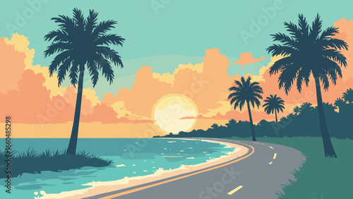 Tampa, Florida – Bayshore Boulevard curve with palms and sunset, palette: bay teal, palm green, sunset orange, pavement gray