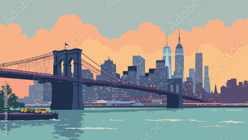 New York City, New York – Manhattan skyline at dusk with Brooklyn Bridge foreground and river reflections, palette: slate gray, taxi yellow, sunset orange, river teal