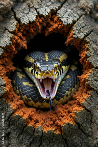 Striking Serpent in Tree Hollow. Detail of snake.