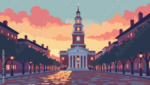 Philadelphia, Pennsylvania – Independence Hall and cobbled square at dawn, palette: brick red, parchment, lamp amber, slate
