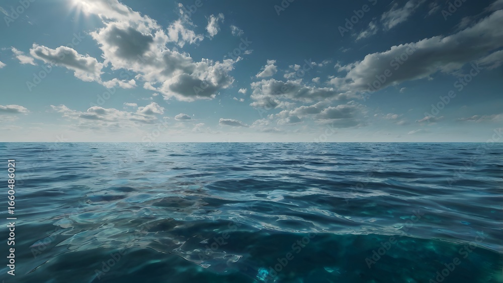 Naklejka premium Serene Ocean Scene: Sunlight, Cumulus Clouds, Deep Teal Water, Tranquil Mood.