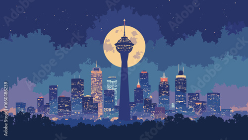 Dallas, Texas – Reunion Tower orb glowing over downtown glass, palette: neon gold, glass gray, deep navy, concrete