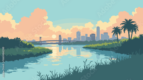 Jacksonville, Florida – St. Johns River curve with downtown skyline and palms, palette: river blue, marsh green, sunset peach, bridge gray