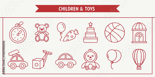 Minimal line icons of children s toys and playtime activities