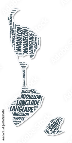 Saint Pierre and Miquelon shape text cloud. Country border with shadow on white background. Saint Pierre and Miquelon with regions division in vintage gazette style. Beautiful vector illustration.