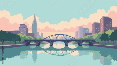 Columbus, Ohio – Scioto Mile riverfront and modern pedestrian bridge in soft light, palette: river teal, plaza gray, park green, dawn pink
