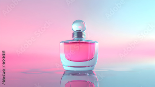 Perfume bottle with pink liquid on a gradient background of pink and blue.
