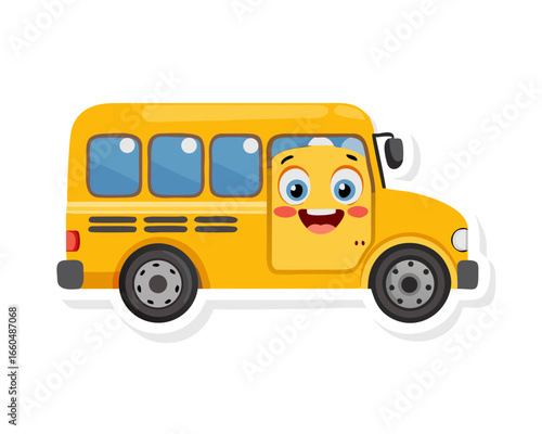 cartoon, stylized school bus, yellow, blue windows, smiling face, happy expression, cute, whimsical, childlike, digital illustration
