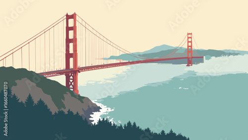 San Francisco, California – Golden Gate Bridge shrouded in fog with Marin hills, palette: bridge orange, fog gray, bay teal, pine green
