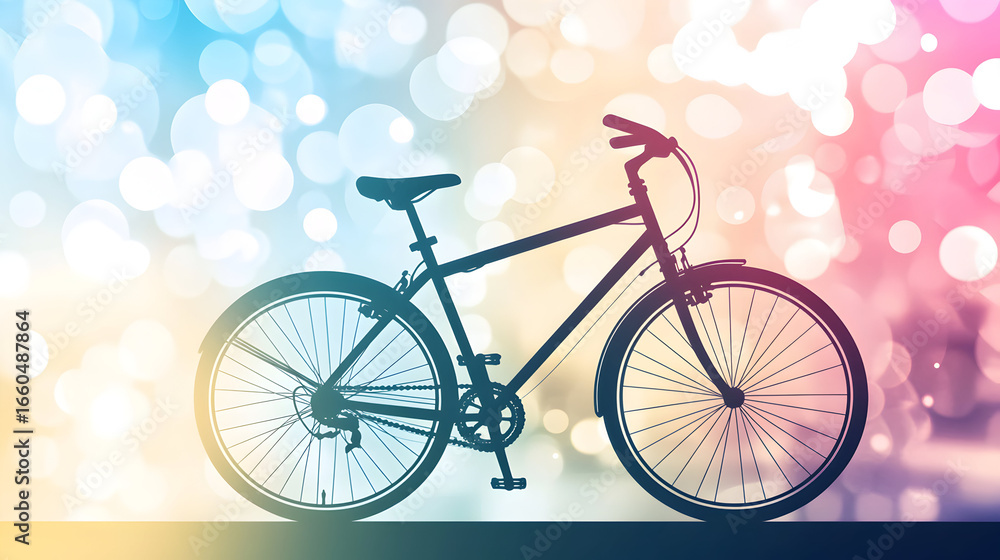 Fototapeta premium Silhouette of a bicycle against a colorful bokeh background.