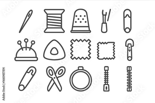 Vector sewing zipper ripper embroidery tape fabric spool icon tools chalk icons