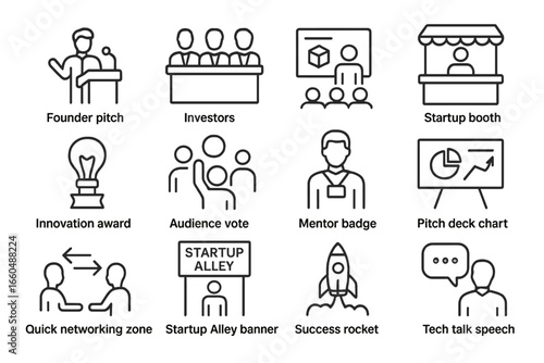 Startup tech conference deck pitch talk founder rocket demo icon chart vector
