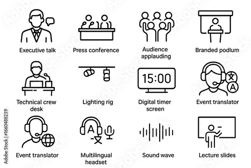 Multilingual vector icon digital interpreter big conference collection talk press sound