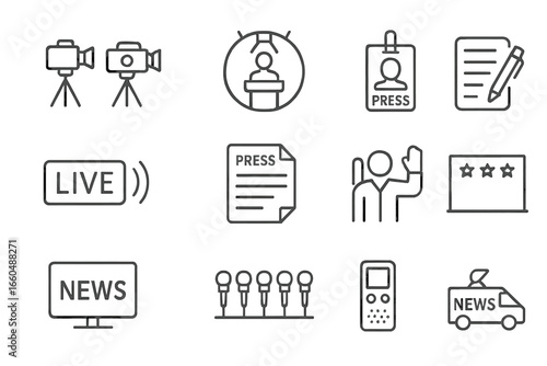 Conference cameras press spotlight stream digital vector icons raising hand news icon