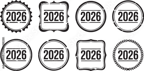 Year 2026 Grunge Stamp Collection new year future, 2026, year, new year, future, date, stamp, seal, badge, circle, square, frame, grunge, textured, vintage, retro, graphic, design, label, sign, symbol