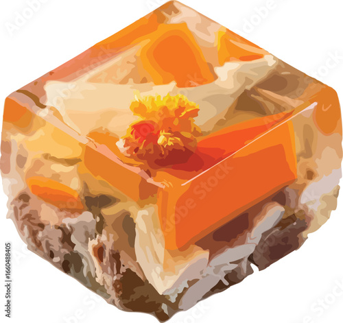 Artistic illustration of a gourmet cube-shaped aspic gelatin dish with edible garnishes