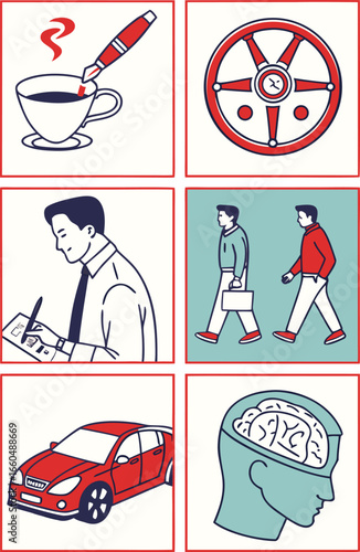 Vector art of illustration depicting various aspects of daily life, including work, travel, and mental activity