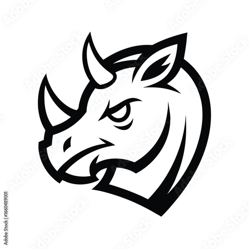Mighty rhinoceros head logo in bold profile view with striking black outlined details Vector illustration