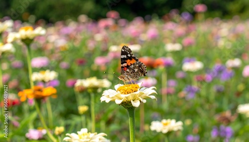 Butterfly on a flower in a vibrant flower meadow