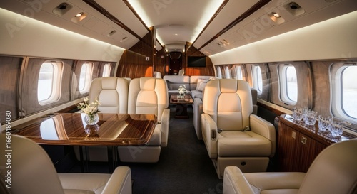 Luxurious private jet interior featuring plush leather seating, polished wood accents, and elegant lighting, creating a sophisticated travel environment.
