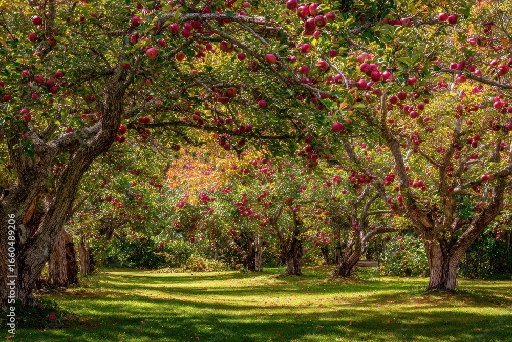 Naklejka premium Lush orchard brimming with ripe apples.