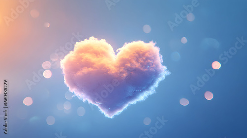 A heart-shaped cloud floats in a blue sky with soft lighting.